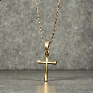 Elegant Sainless Steel Over  Gold Cross Pendant Necklace NIB